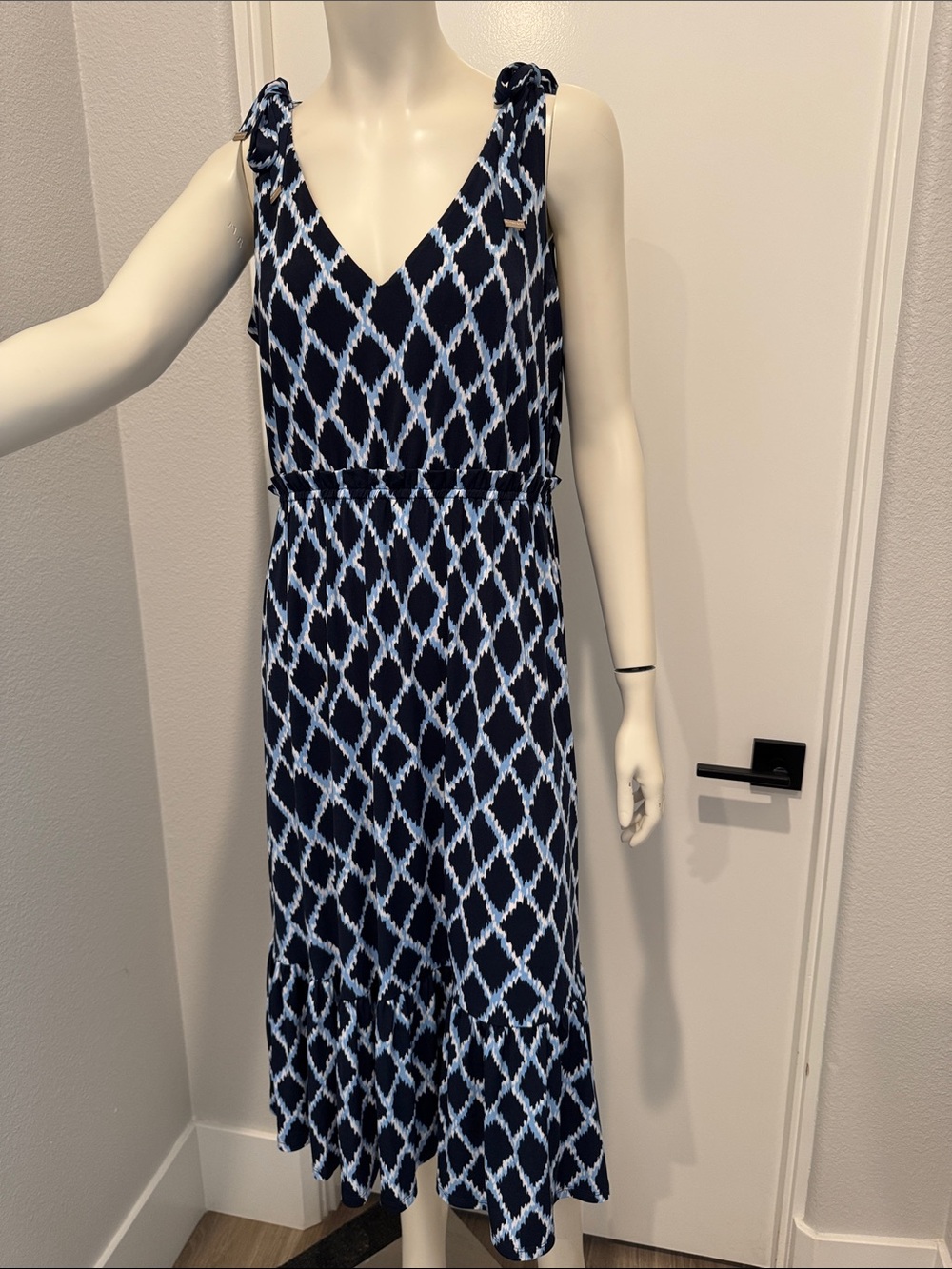 Michael Kors Navy, Light Blue & White Ikat Tie-Shoulder Dress